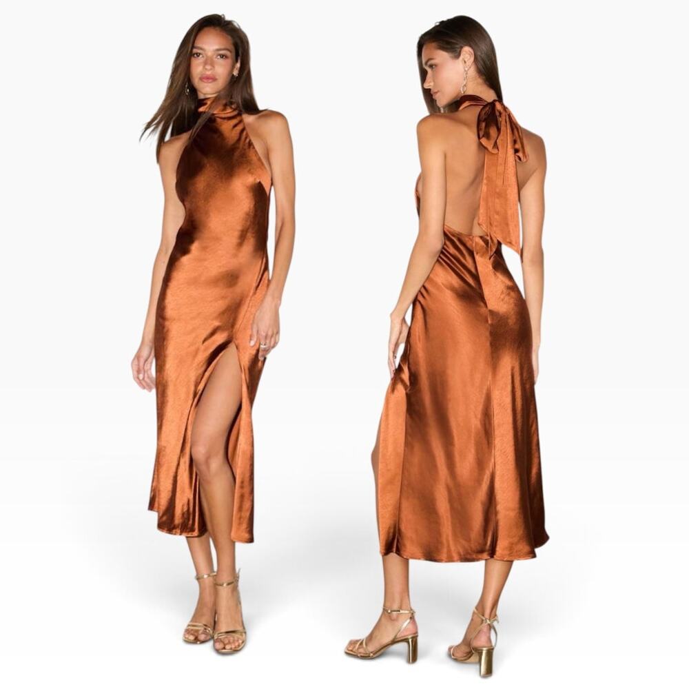 Lulus Exceptional Status Rust Halter Backless Slip Midi Dress size XS NWT